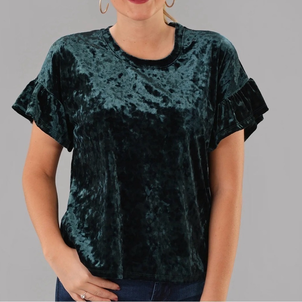 Z Supply Velour Ruffle Sleeves Top SZ Small Emerald Green Coquette EUC